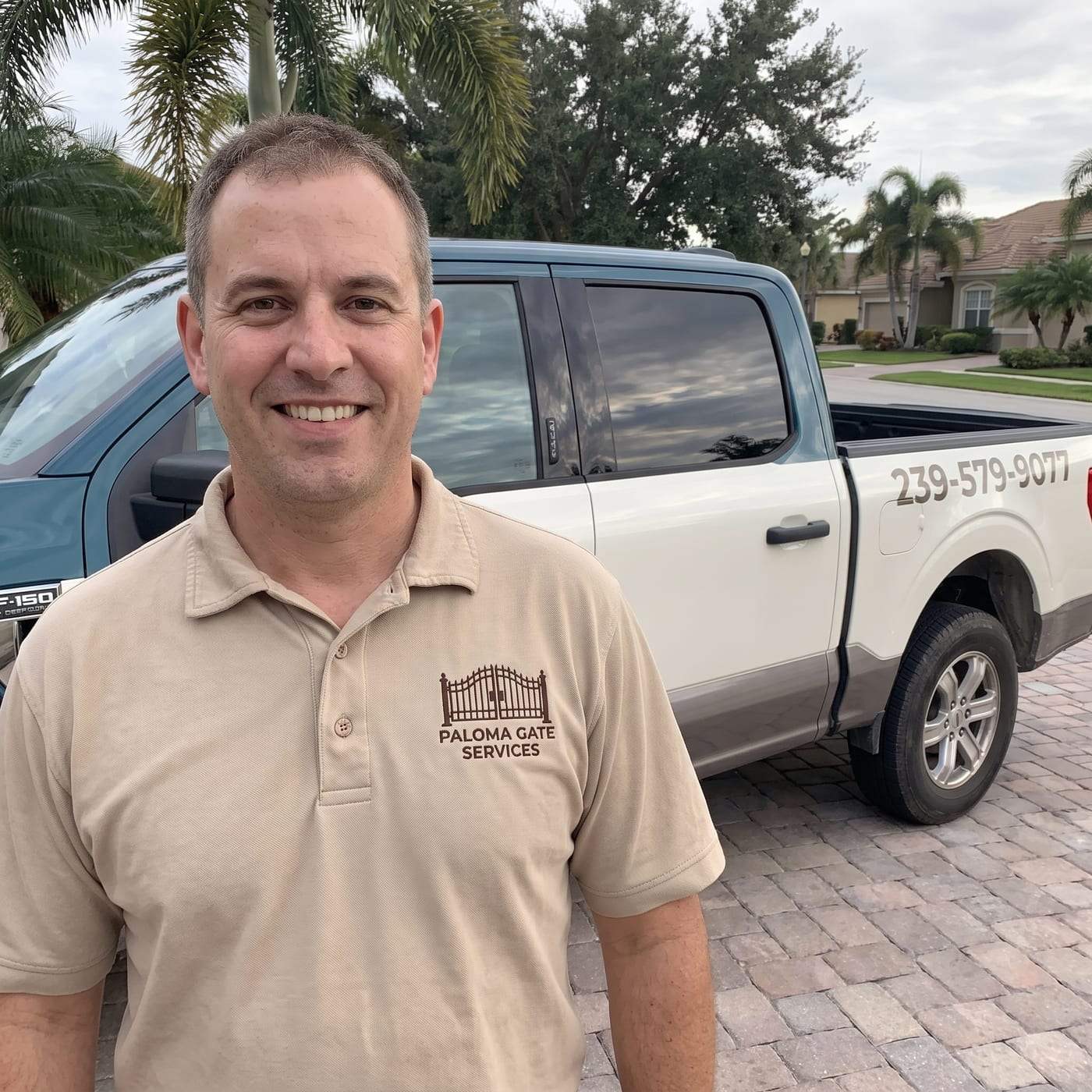 Declan Hayes, manager of Paloma Gate Services, smiling in a tan polo shirt with the embroidered company gate logo, standing in front of the service truck on a paver driveway